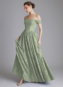 Azazie Raisa Bridesmaid Dresses Agave A-Line Off the Shoulder Floral Burnout Dress image7