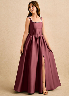 Azazie Enid Girls Formal Blumenmädchenkleider A-Linie Mit Perlen Stretch-Satin Kleid Merlot image3