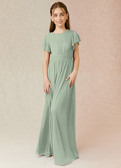 Azazie Mosley Junior Dusty Sage A-Line Ruched Mesh Dress image1