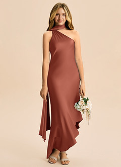 Azazie Briony Junior Vestido Castanho Aloirado de Cetim elástico de Bainha com Plissado image5