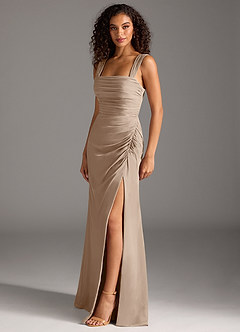 Azazie Jesaphine Bridesmaid Dresses Taupe Sheath Bow Chiffon Dress image3