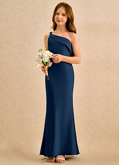 Azazie Almond Girls Formal Blumenmädchenkleider Etui One-Shoulder Stretch-Satin Kleid Dunkelmarine image3