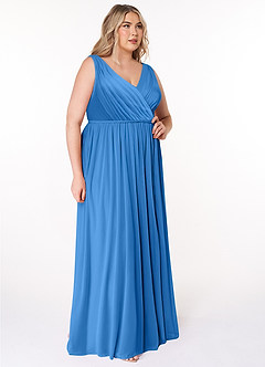 Azazie Tanicia Bridesmaid Dresses Blue Jay A-Line V-Neck Pleated Mesh Dress image8