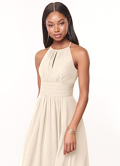 Azazie Bonnie Brautjungfernkleider A-Linie Schlüsselloch Gerüscht Chiffon Kleid Alabaster Weiß image9