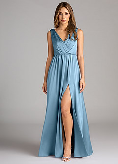 Azazie Tanicia Bridesmaid Dresses Steel Blue A-Line Pleated Stretch Satin Dress image1