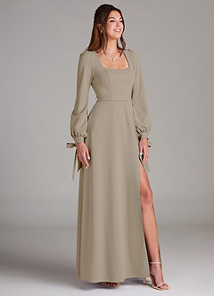 Azazie Leonia Bridesmaid Dresses Taupe A-Line Long Sleeve Stretch Crepe Dress image3