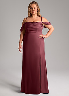 Azazie Saige Bridesmaid Dresses Merlot Sheath Off the Shoulder Stretch Satin Dress image15