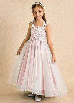Azazie Darlina Robe Demoiselle D'honneur Fillette Robe Princesse en Tulle Dentelle Ivoire Rose Rougissant image9