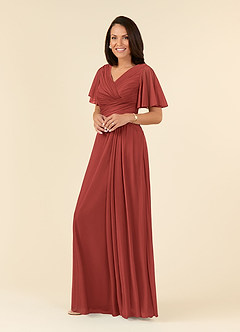 Azazie Emmeline Mother of the Bride Dresses Terracotta A-Line V-Neck Pleated Mesh Dress image3