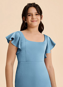 Azazie Demi Junior Vestido de Azul Acero de Satén Elástico de Corte en A con Lazo image6