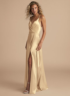 Azazie Davis Bridesmaid Dresses Gold A-Line Pleated Metallic Satin Dress image10