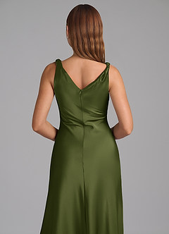Azazie Nerine Bridesmaid Dresses Olive A-Line Pleated Stretch Satin Dress image2