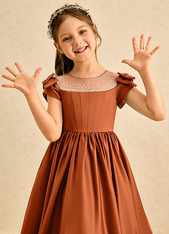 Azazie Toffee Flower Girl Dresses Burnt Orange Ball-Gown Bow Matte Satin Dress image6