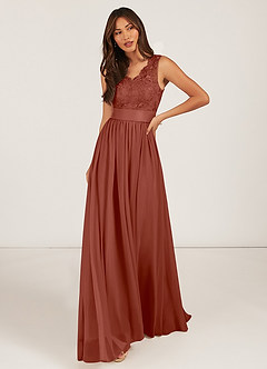 Azazie Gertrude Abiti da Damigella Abito A-Line in Chiffon Pizzo Auburn image2