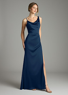 Azazie Samara Robes de demoiselle d'honneur Robe Sirène en Satin extensible Plissée Bleu Marine Foncé image4