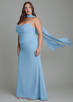 Azazie Sorrel Vestidos de damas de honor Vestido Azul Acero de Gasa de Corte Sirena con Corsé image14
