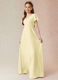 Azazie Induh Junior Lemon Sorbet A-Line Ruched Chiffon Dress image3