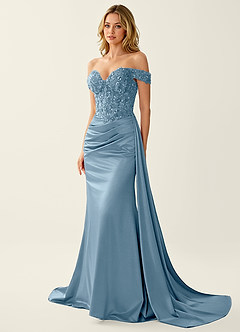 Helia Staubblau Off-Shoulder Korsett Gerafft Satin Meerjungfrau Kleid image4