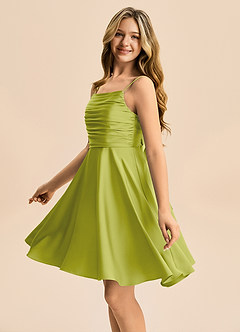 Azazie Miko Junior Lemongrass A-Line Pleated Stretch Satin Dress image7