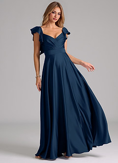Azazie Leilani Bridesmaid Dresses Dark Navy A-Line Ruched Stretch Satin Dress image1