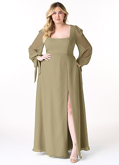 Azazie Leonia Bridesmaid Dresses Moss Green A-Line Long Sleeve Chiffon Dress image11