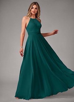 Azazie Amalia Abiti da Damigella Abito A-Line in Chiffon Plissettato Verde Pavone image4