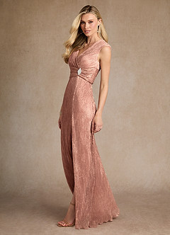 Azazie Salem Mother of the Bride Dresses Rose Gold A-Line Pleated Metallic Mesh Dress image2