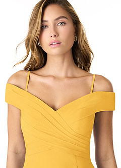 Azazie Lecia Bridesmaid Dresses Marigold Empire Off-The-Shoulder Pleated Chiffon Convertible Dress image2