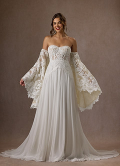 Azazie Rhya Hochzeitskleider A-Linie Schulterfrei Spitze Kleid Diamantweiß Champagner image9