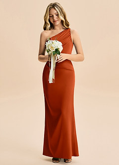 Azazie Akilah Junior Robe Fourreau en Satin extensible Plissée Paprika image4