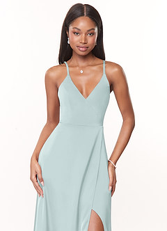 Azazie Maksim Bridesmaid Dresses Mist A-Line V-Neck Stretch Satin Dress image5