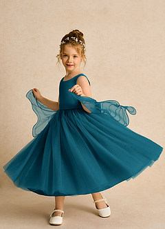 Azazie Pear Flower Girl Dresses Ink Blue Ball-Gown Bow Tulle Dress image2