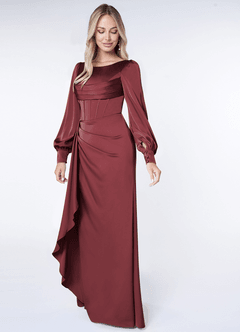 Azazie Raye Vestidos de damas de honor Vestido de Merlot de Satén Elástico de Corte Sirena con Manga larga image3