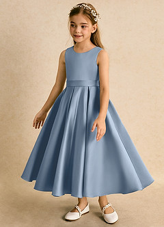 Azazie Junebuj Flower Girl Dresses Dusty Blue Ball-Gown Pleated Matte Satin Dress image3