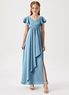 Azazie Omari Junior Steel Blue A-Line Pleated Stretch Satin Dress image4