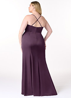 Azazie Marzia Bridesmaid Dresses Plum Sheath Cowl Pleated Stretch Satin Dress image14