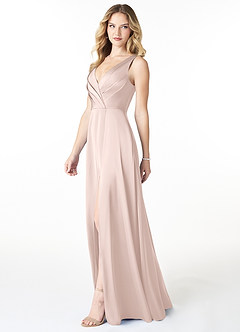 Azazie Nelly Bridesmaid Dresses Blushing Pink A-Line V-Neck Pleated Stretch Satin Dress image3