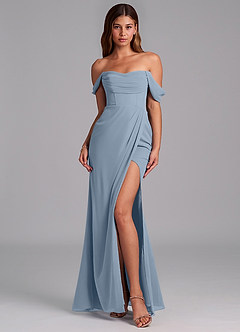 Azazie Johana Vestidos de damas de honor Vestido Azul Polvoriento de Gasa de Corte Sirena Convertible con Hombros descubiertos image3