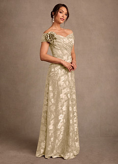 Azazie Bernadette Final Sale Champagne A-Line Off the Shoulder Floral Burnout Dress image2