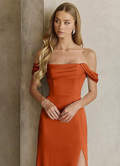 Azazie Saige Bridesmaid Dresses Burnt Orange Sheath Off the Shoulder Stretch Satin Dress image2