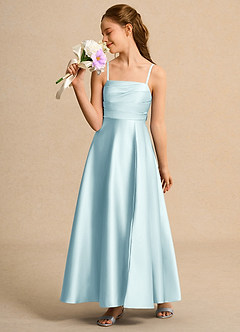 Azazie Pebbles Girls Formal Blumenmädchenkleider A-Linie Plissee Matte Satin Kleid Seegrün image4