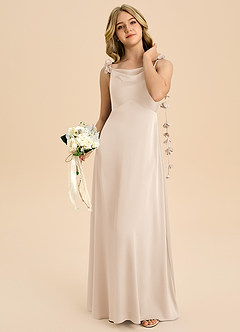 Azazie Gumdrop Junior White Alabaster Empire Pleated Stretch Satin Dress image2