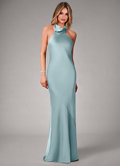 Azazie Velli Vestidos de damas de honor Vestido de Azul Malhumorado de Satén Elástico de Corte Sirena image4