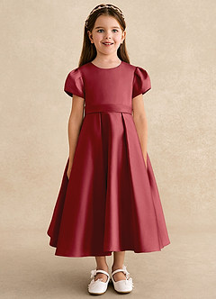 Azazie Princess Flower Girl Dresses Pomegranate A-Line Pleated Matte Satin Dress image5