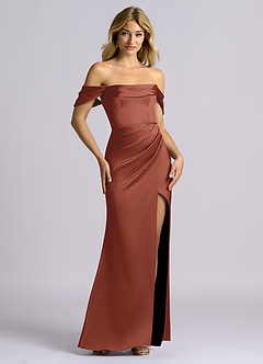 Azazie Auden Suknie dla druhen Osłona Zza ramienia Satyna elastyczna Do ziemi Sukienka image7