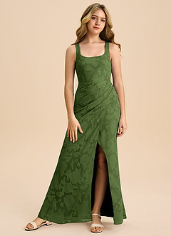 Azazie Mero Junior Olive Sheath Pleated Floral Burnout Dress image4