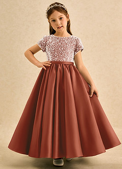Azazie Cashew Flower Girl Dresses Auburn Ball-Gown with Sleeves Matte Satin Dress image2
