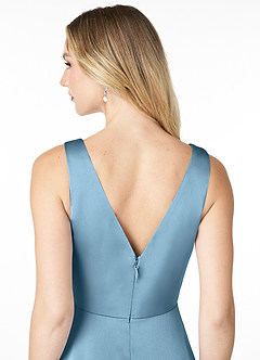 Azazie Nelly Bridesmaid Dresses Steel Blue A-Line V-Neck Pleated Stretch Satin Dress image5