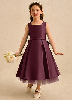 Azazie Josie Robe Demoiselle D'honneur Fillette Robe Trapèze en Mat Satiné Plissé Cabernet image4