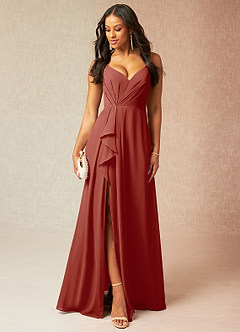 Azazie Kyedae Bridesmaid Dresses Terracotta A-Line V-Neck Pleated Chiffon Dress image1